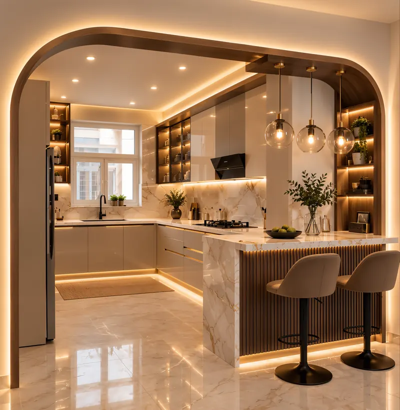Kitchen built by the Almashhad Sky team: Arched entrance with bar stools