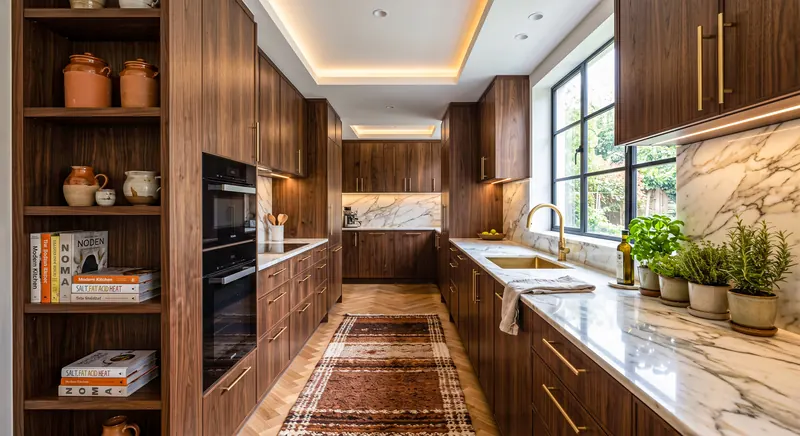 Kitchen built by the Almashhad Sky team: Closed kitchen with dark cabinets and a wide window