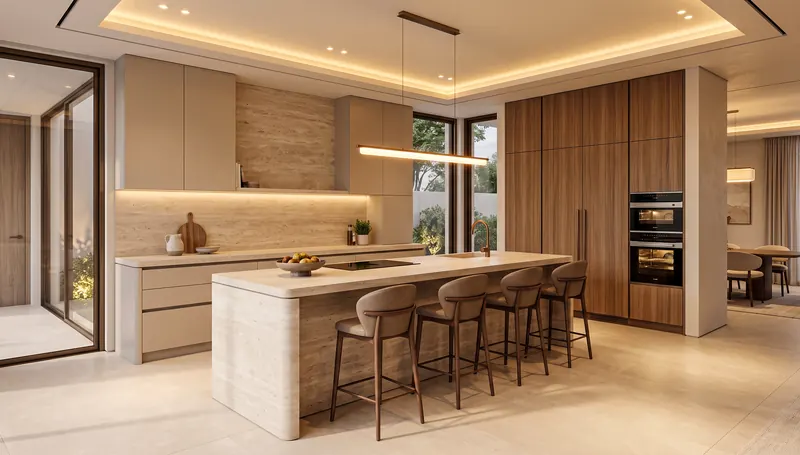 Kitchen built by the Almashhad Sky team: Island with bar stools and pendant lights