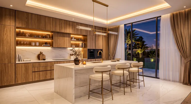 Kitchen built by the Almashhad Sky team: Light island with a night view