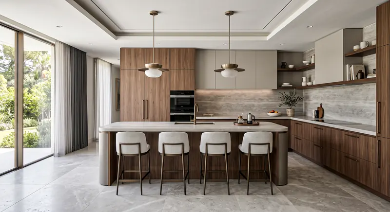 Kitchen built by the Almashhad Sky team: Island with bar stools and full-height cabinets