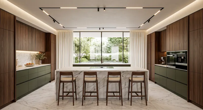 Kitchen built by the Almashhad Sky team: Green cabinets around a central island