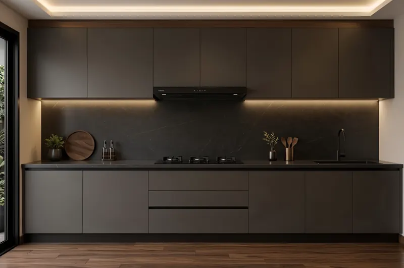 Kitchen built by the Almashhad Sky team: Dark one-wall kitchen with hidden lighting