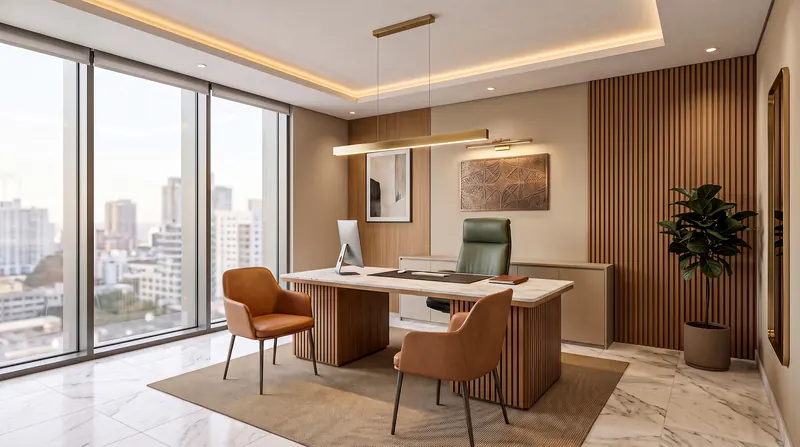 Office completed by the Almashhad Sky team: Bright executive office with a city view