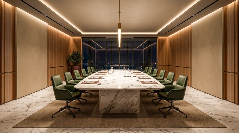 Office completed by the Almashhad Sky team: Meeting room with a light table and green chairs