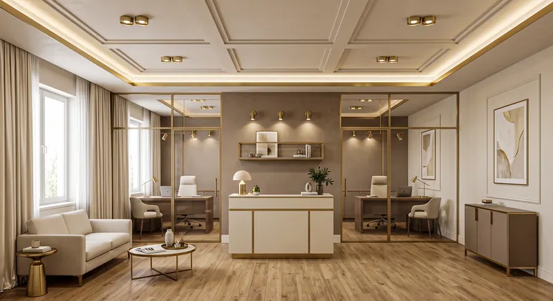 Office completed by the Almashhad Sky team: Office with glass partitions in warm beige tones
