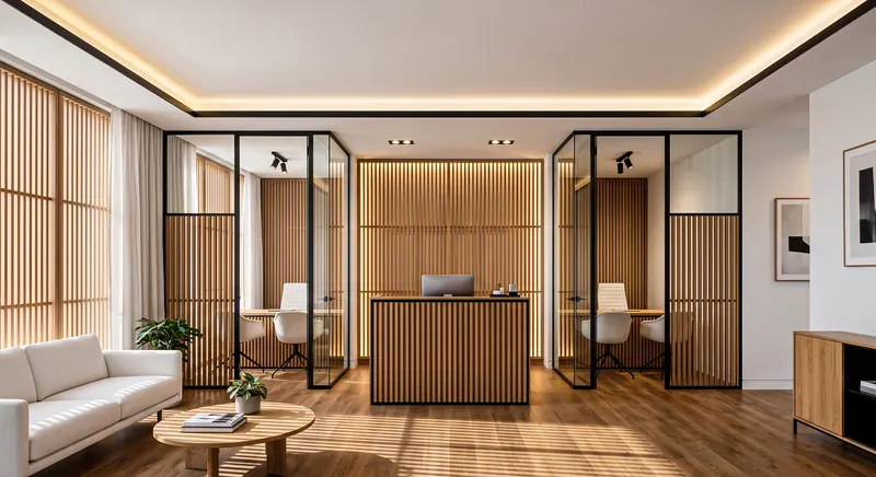 Office completed by the Almashhad Sky team: Black-framed glass partitions and natural wood