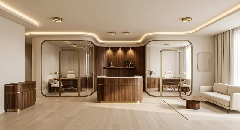 Office completed by the Almashhad Sky team: Glass partitions with rounded corners and a wooden counter