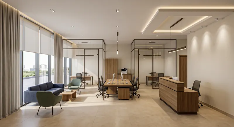 Office completed by the Almashhad Sky team: Open-plan offices with glass partitions and ceiling lights