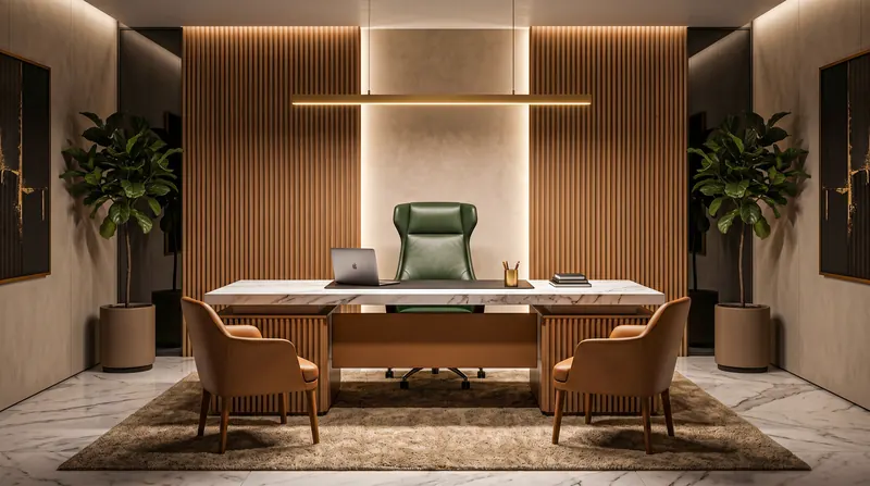 Office completed by the Almashhad Sky team: Wooden executive office with warm lighting