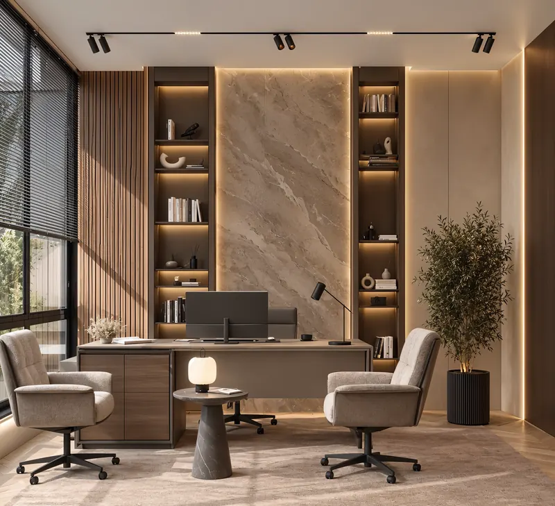 Office completed by the Almashhad Sky team: Executive office with lit shelves on both sides of the wall