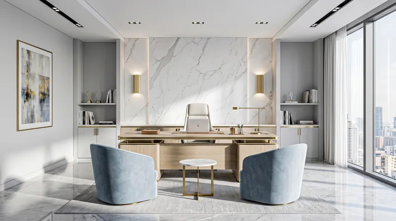 Office completed by the Almashhad Sky team: White executive office with a city view
