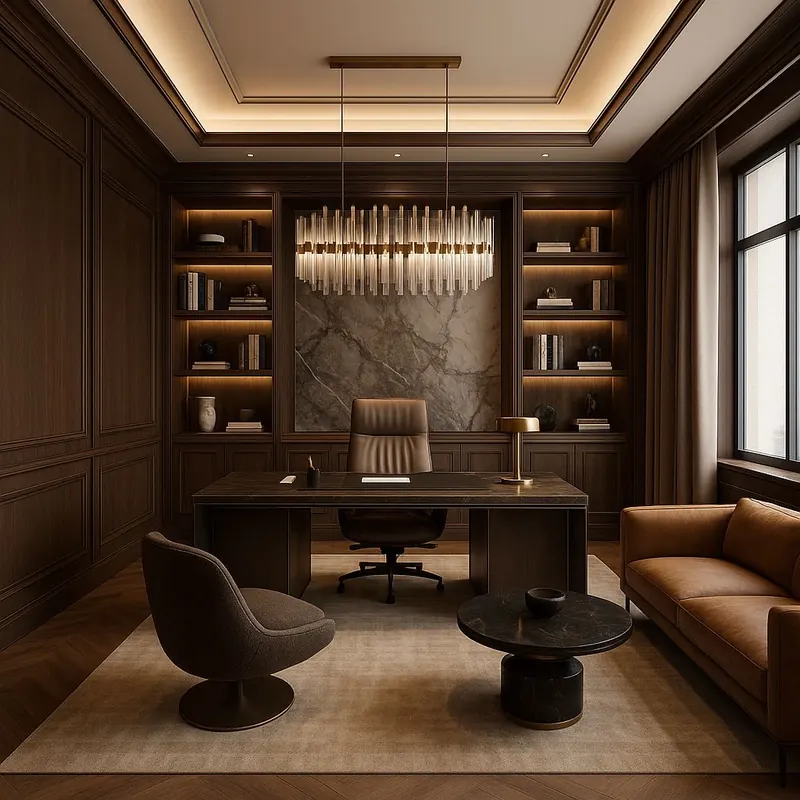 Office completed by the Almashhad Sky team: Dark wood executive office with a chandelier