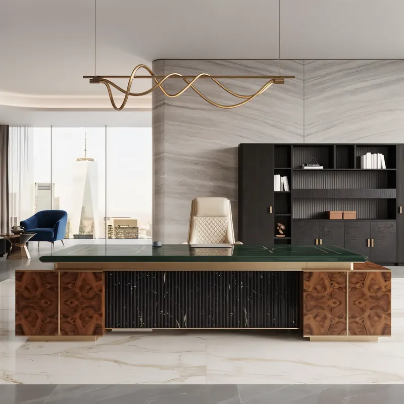 Office completed by the Almashhad Sky team: Executive office with a large desk and a view of the towers