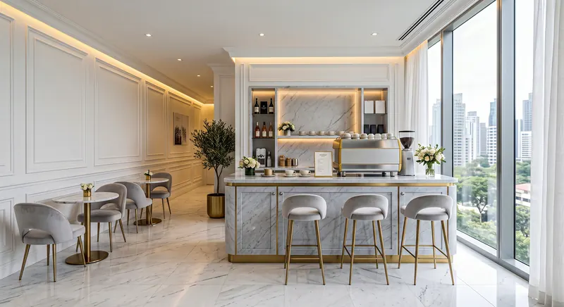 Office completed by the Almashhad Sky team: White coffee corner with bar stools