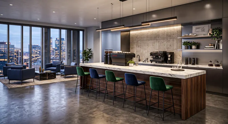 Office completed by the Almashhad Sky team: Staff break area with a long wooden counter