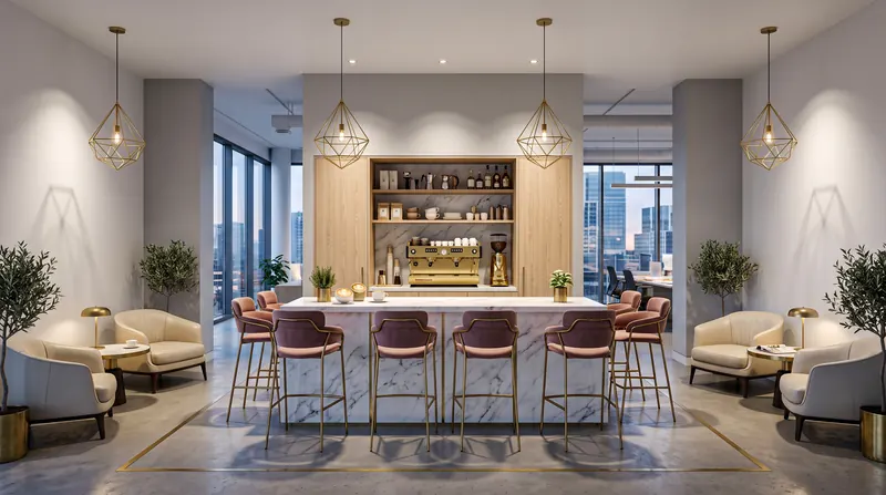 Office completed by the Almashhad Sky team: Break area with comfortable seating and a coffee counter