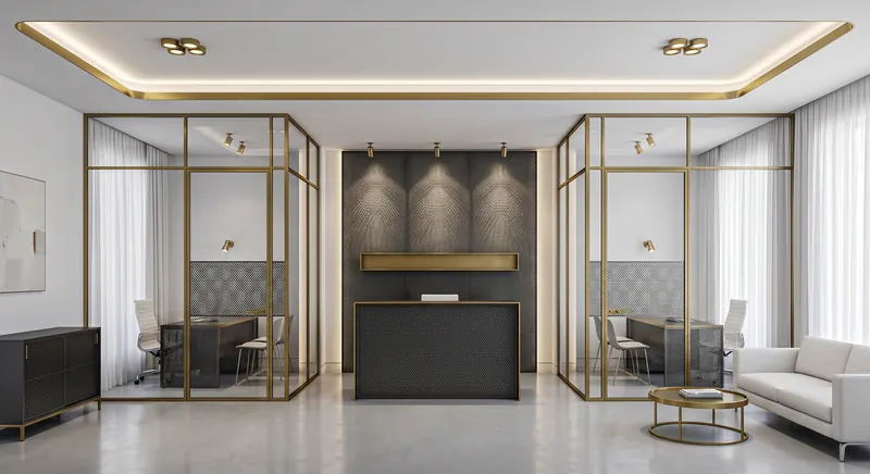 Partitions built by the Almashhad Sky team: Gold-framed glass rooms