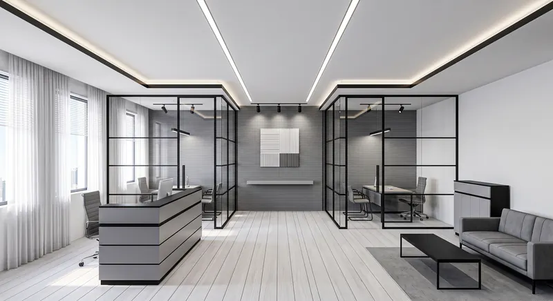 Partitions built by the Almashhad Sky team: Glass partitions with black frame lines