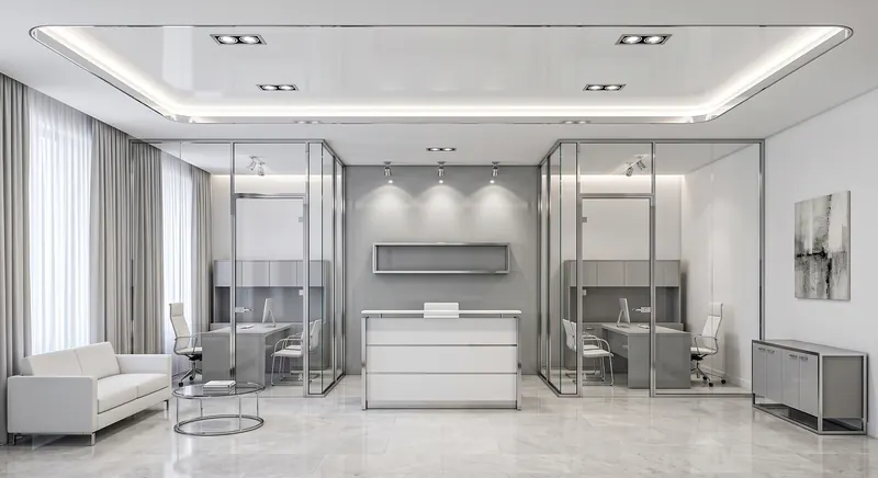 Partitions built by the Almashhad Sky team: Clear glass offices in grey tones
