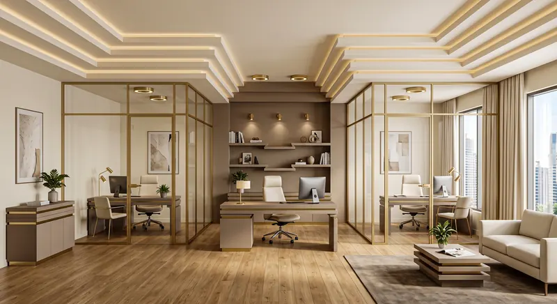 Partitions built by the Almashhad Sky team: Gold-framed glass offices and a stepped ceiling