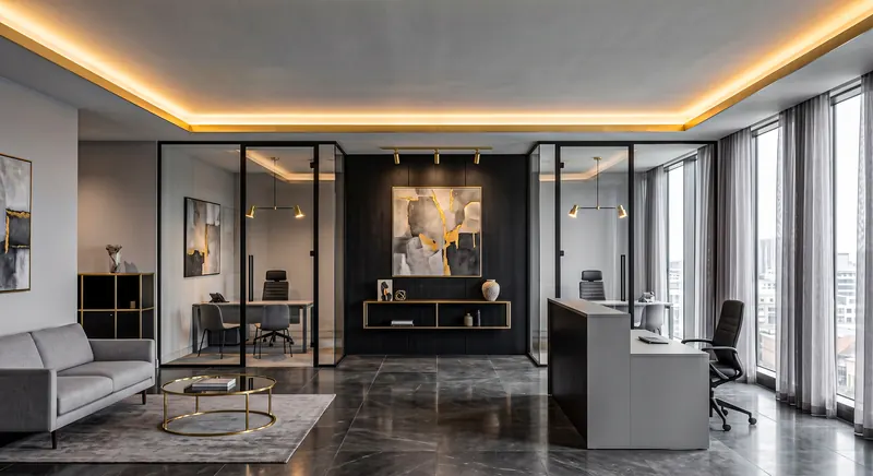 Partitions built by the Almashhad Sky team: Black-framed glass offices and a dark floor