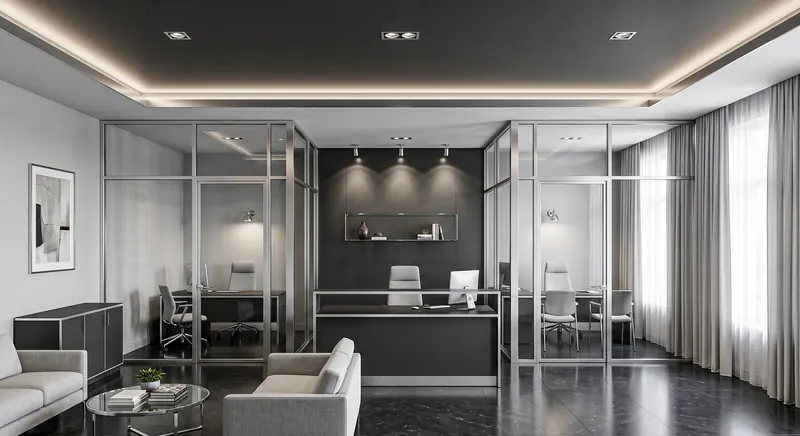 Partitions built by the Almashhad Sky team: Clear glass partitions in a dark setting