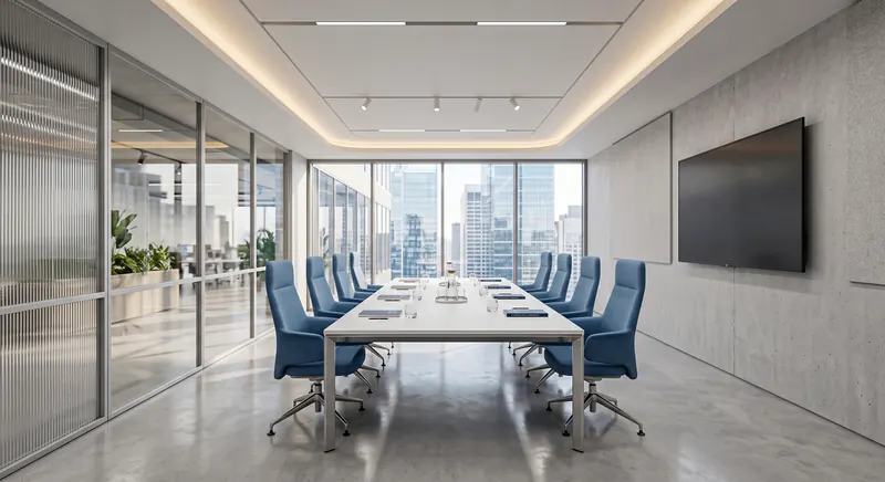 Partitions built by the Almashhad Sky team: Meeting room with a glass wall and a fluted panel