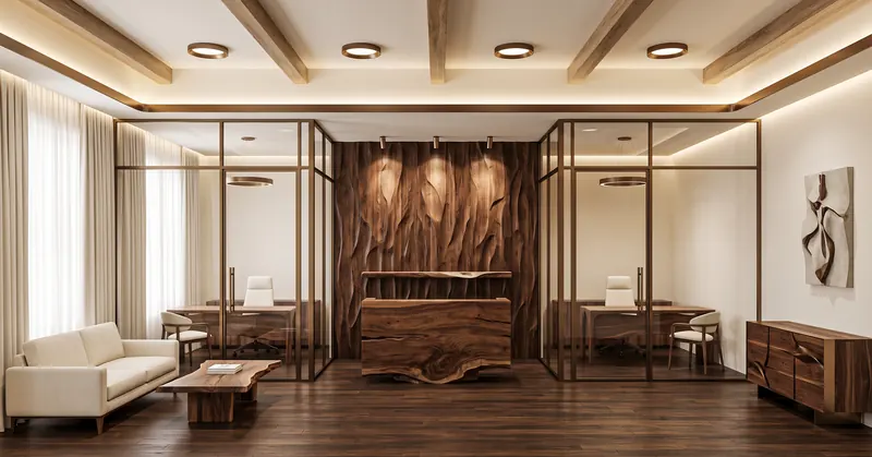 Partitions built by the Almashhad Sky team: Bronze-framed glass rooms and a carved wood wall