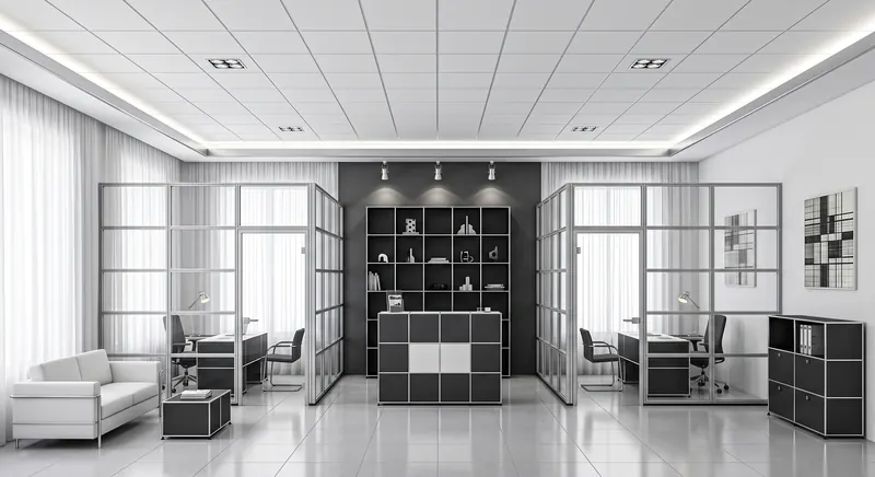Partitions built by the Almashhad Sky team: Glass partitions with a white and black grid