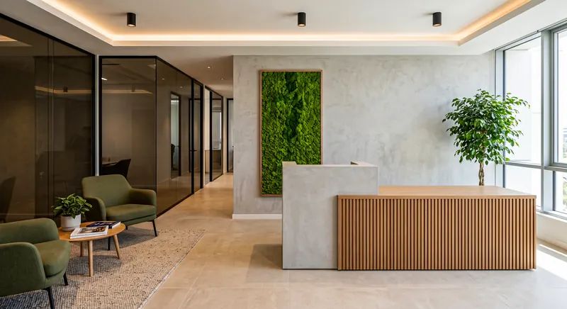 Reception completed by the Almashhad Sky team: Desk with wooden slats and a plant wall