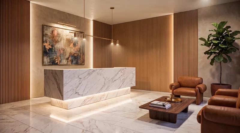 Reception completed by the Almashhad Sky team: Light desk, warm wooden walls and a waiting area
