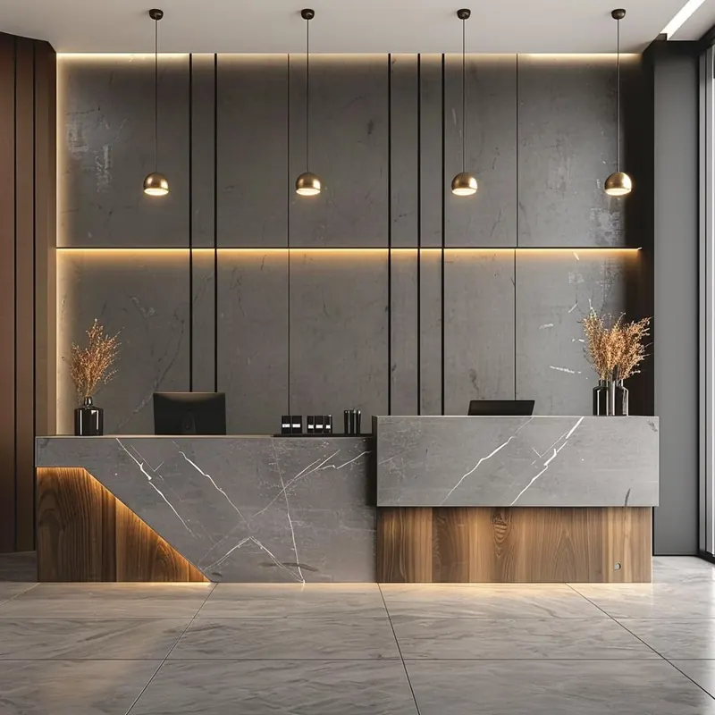 Reception completed by the Almashhad Sky team: Grey desk with a wooden section and pendant lights