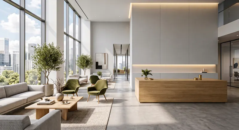 Reception completed by the Almashhad Sky team: Bright reception with a wooden desk and a waiting area