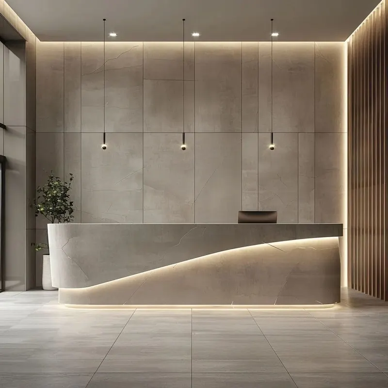 Reception completed by the Almashhad Sky team: Curved desk with hidden lighting