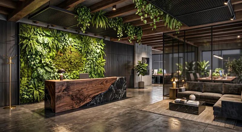 Reception completed by the Almashhad Sky team: Plant wall and a natural wood desk