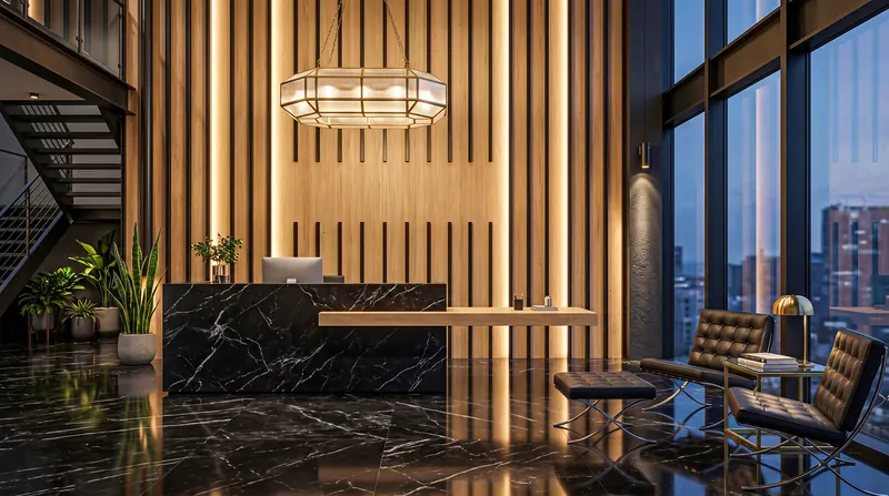 Reception completed by the Almashhad Sky team: Dark desk in front of a wooden slat wall