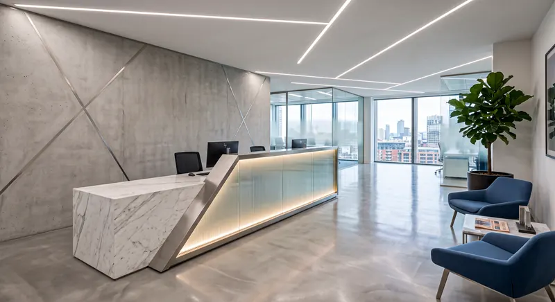 Reception completed by the Almashhad Sky team: White desk with a lit front and a waiting area