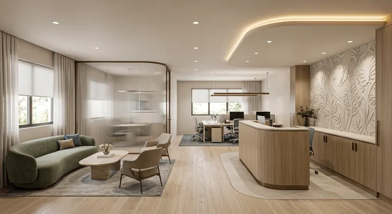 Reception completed by the Almashhad Sky team: Curved wooden desk with a leaf-pattern wall