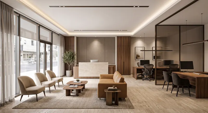 Reception completed by the Almashhad Sky team: Reception with a light desk and a large waiting area
