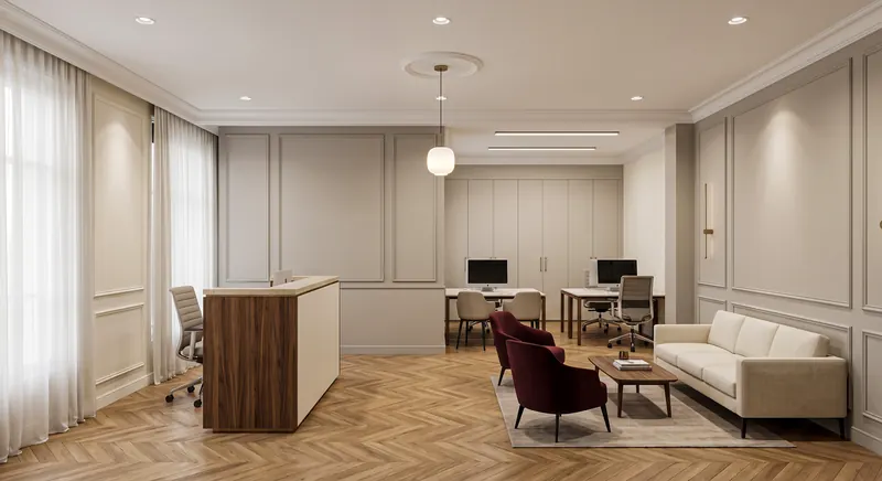 Reception completed by the Almashhad Sky team: Wooden desk with a classic wall and a waiting area