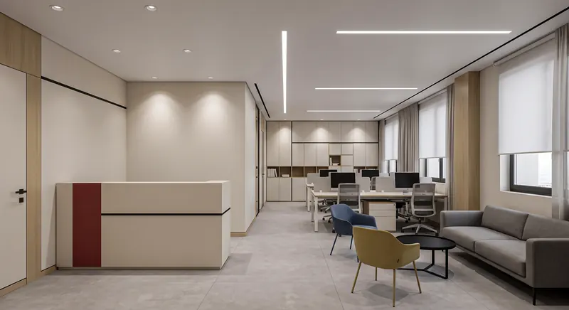 Reception completed by the Almashhad Sky team: White desk with a red line and a waiting area