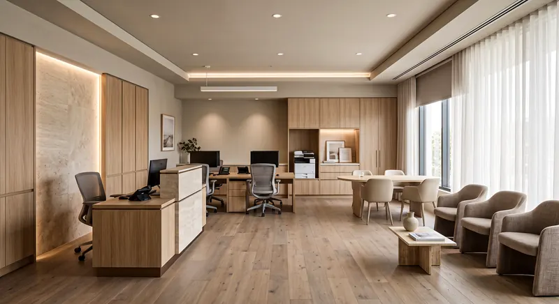 Reception completed by the Almashhad Sky team: Wooden desk with waiting chairs