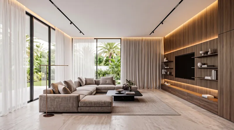 TV wall built by the Almashhad Sky team: Wood wall with shelves and hidden lighting