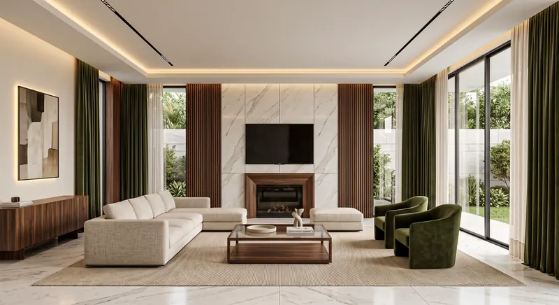 TV wall built by the Almashhad Sky team: A fireplace under the TV and wood slats on the side