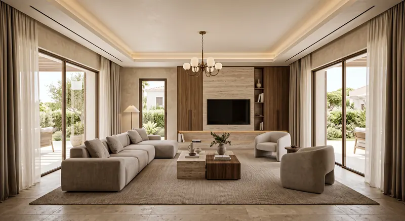 TV wall built by the Almashhad Sky team: A light wall around the TV and wooden cabinets