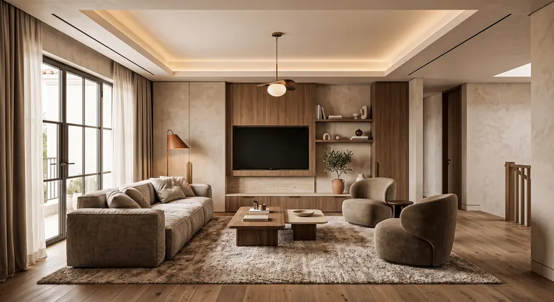 TV wall built by the Almashhad Sky team: Warm wood and lit shelves