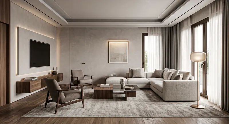 TV wall built by the Almashhad Sky team: A calm, light-coloured TV wall