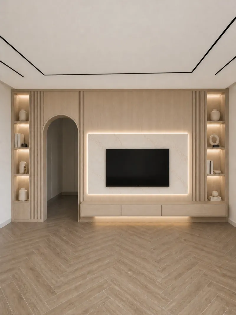 TV wall built by the Almashhad Sky team: A lit frame around the TV and shelves beside an arch