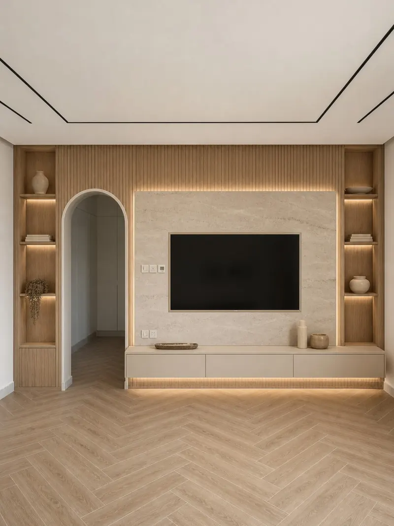 TV wall built by the Almashhad Sky team: A light wall around the TV with wood slats above